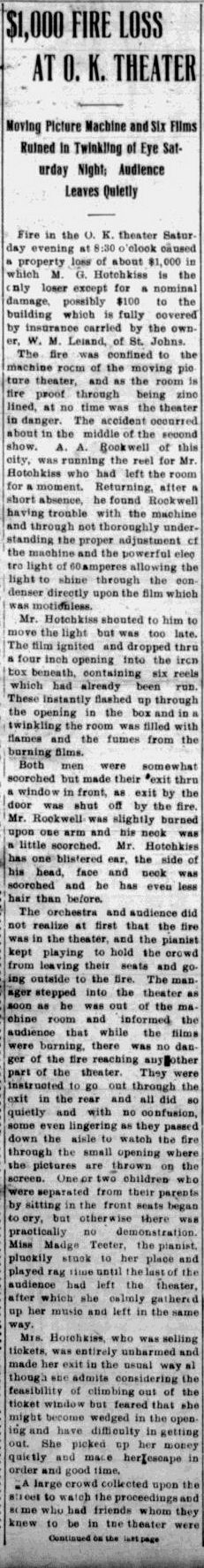 O.K. Theater - Jul 10 1911 Fire Report
